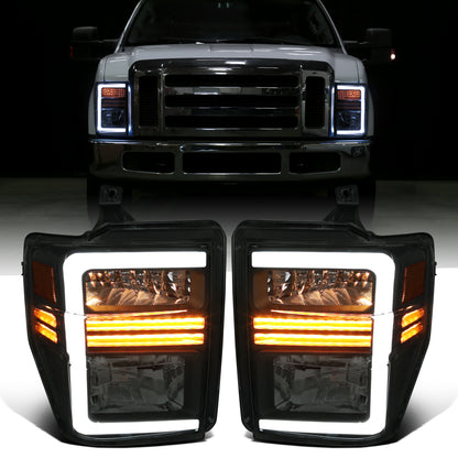 Ronnin - Fits 2008-2010 Ford F250 F350 F450 F550 Super Duty Pickup Halogen Headlights LED Sequential Turn Signal Tubes Assembly Pair | Black Smoke