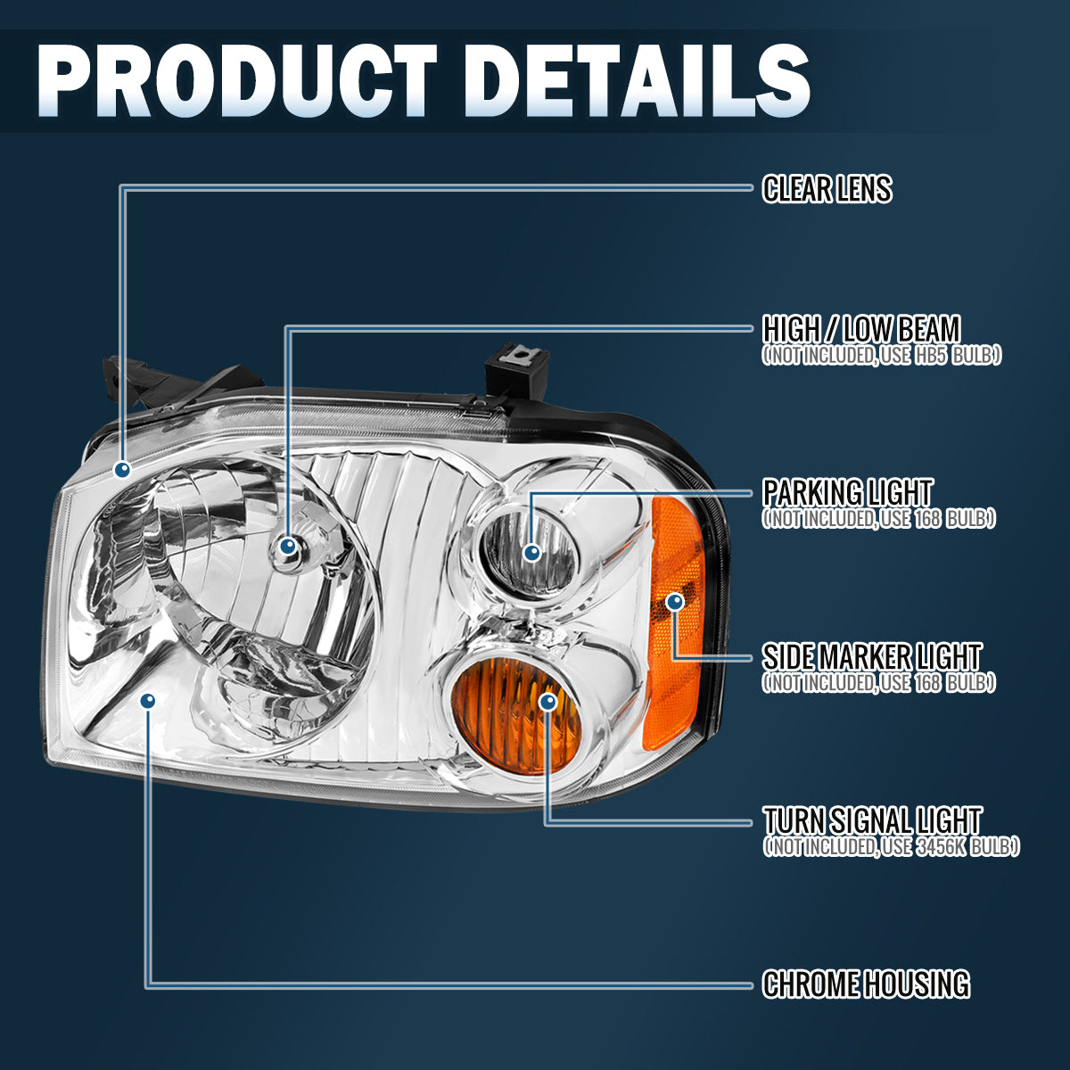 Ronnin - Fits 2001-2004 Nissan Frontier Halogen Headlights Assembly Factory Replacement Pair | Chrome