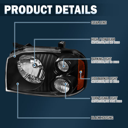 Ronnin - Faros delanteros halógenos para Nissan Frontier 2001-2004 - Par de repuesto | Negro
