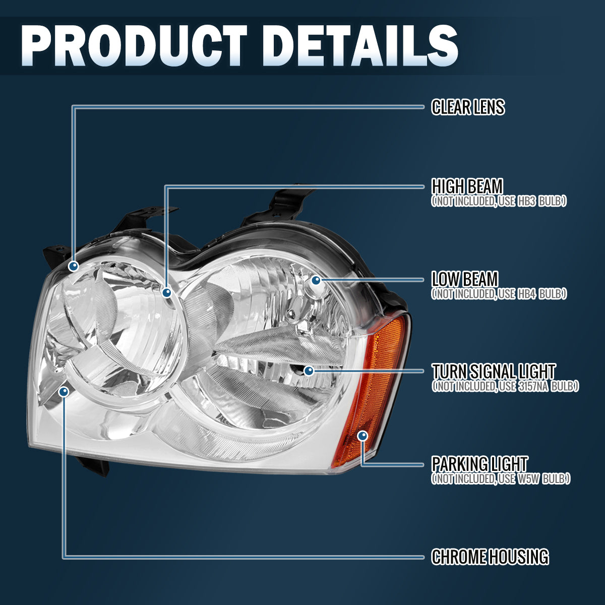 Ronnin - Compatible con Jeep Grand Cherokee 2005-2007 Conjunto de Faros Halógenos Par de Reemplazo | Cromado