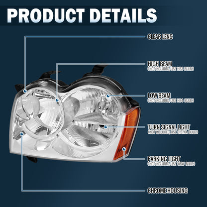Ronnin - Compatible con Jeep Grand Cherokee 2005-2007 Conjunto de Faros Halógenos Par de Reemplazo | Cromado