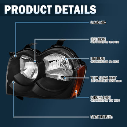 Ronnin - Compatible con Jeep Grand Cherokee 2005-2007, conjunto de faros halógenos, par de reemplazo | Negro