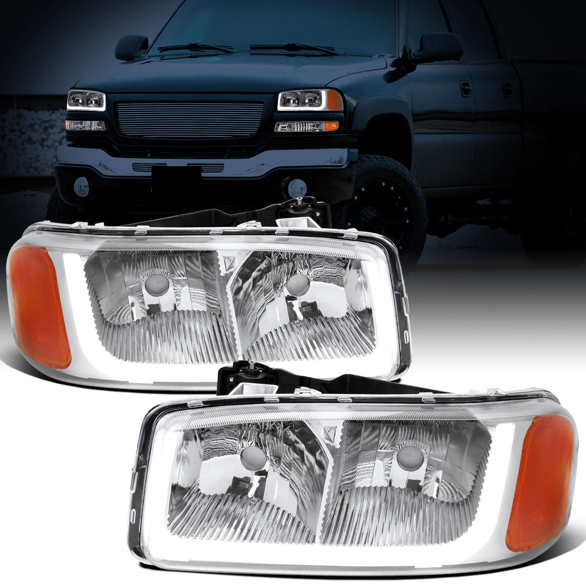 Ronnin - Fits 1999-2007 GMC Sierra 1500 2500 3500 Upgraded Replacement LED Tube Running Lights Headlights Assembly Pair | Chrome