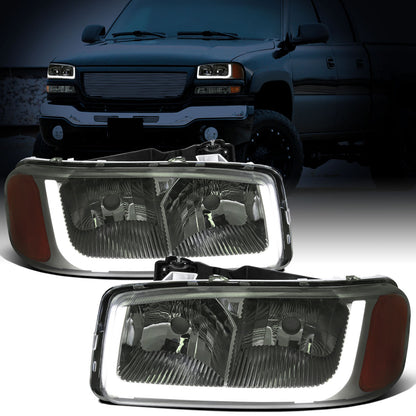 Ronnin - Fits 1999-2007 GMC Sierra 1500 2500 3500 Upgraded Replacement LED Tube Running Lights Headlights Assembly Pair | Smoke