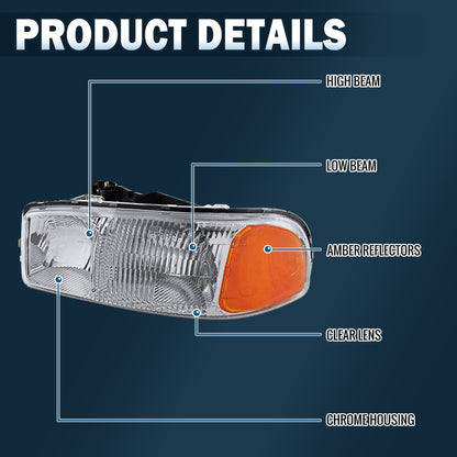 Ronnin - Compatible con ensamblaje de faro de repuesto original para GMC Sierra 1500 2500 3500 Yukon XL 1500 2500 de 1999-2007 | Cromado | Lado del conductor