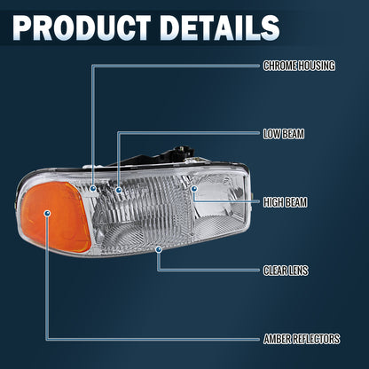 Ronnin - Compatible con ensamblaje de faro de repuesto original para GMC Sierra 1500 2500 3500 Yukon XL 1500 2500 de 1999-2007 | Cromado | Lado del pasajero