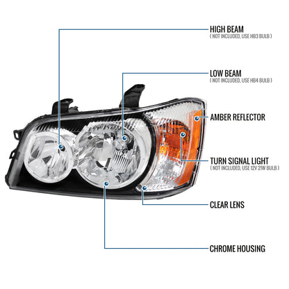 Ronnin - Fits 2001-2003 Toyota Highlander Factory Replacement Headlights Headlamp Assembly Pair | Chrome