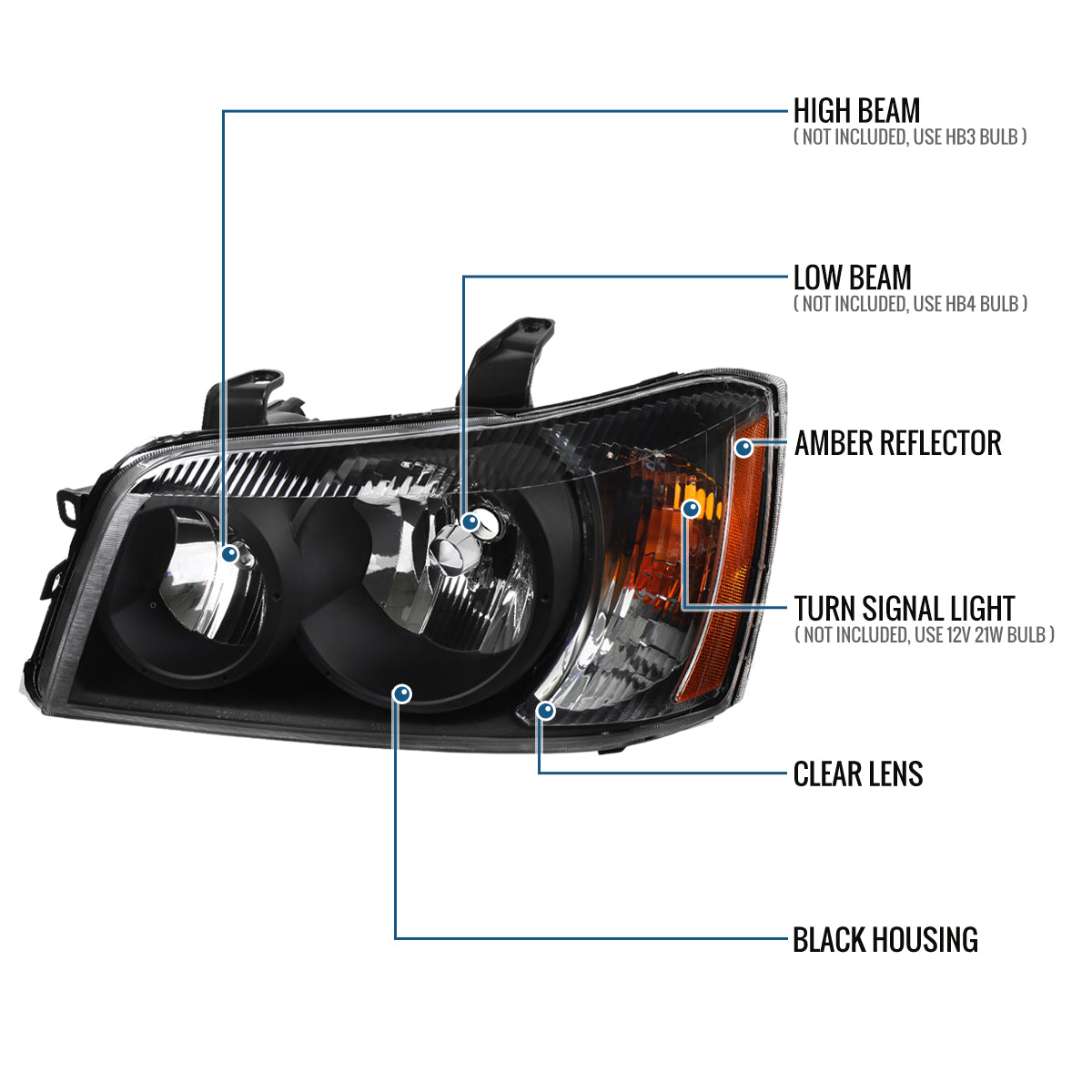 Ronnin - Fits 2001-2003 Toyota Highlander Factory Replacement Headlights Headlamp Assembly Pair | Black
