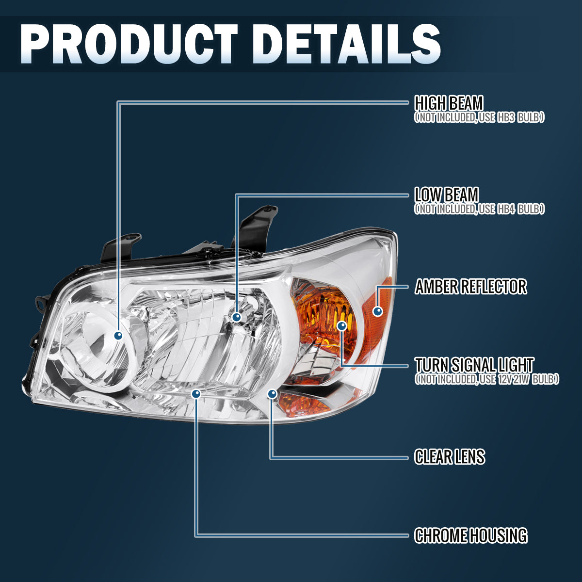 Ronnin - Compatible con Toyota Highlander 2004-2007, juego de 2 faros delanteros de repuesto | Cromado