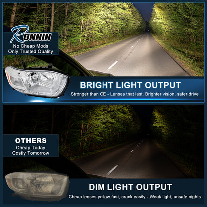 Ronnin - Compatible con los modelos Toyota Highlander Base Limited SR5 SE de 2008-2010 con faros halógenos fabricados en Japón | Par de repuesto cromado