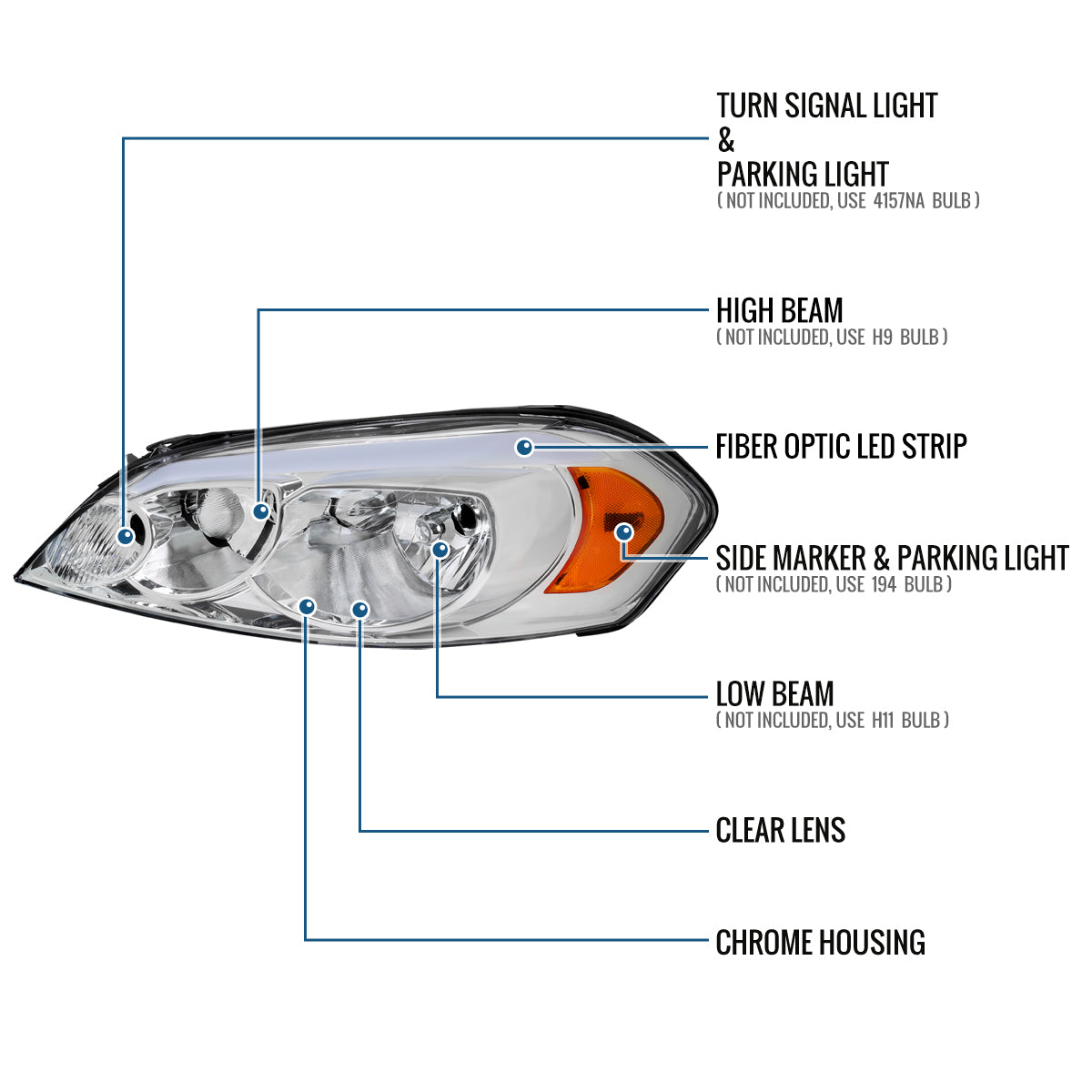 Ronnin - Fits 2006-2013 Chevy Impala 2006-2007 Monte Carlo 2014-2016 Impala Limited Upgraded Replacement LED Tube Running Lights Halogen Headlights Assembly Pair | Chrome