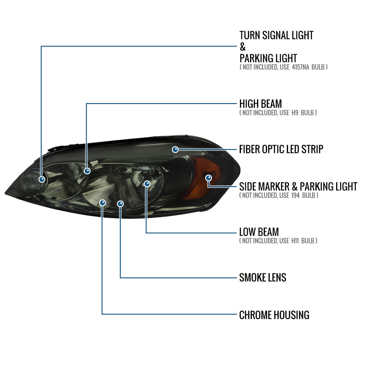 2006-2013 Chevy Impala 2006-2007 Monte Carlo 2014-2016 Impala Limited Upgraded Replacement LED Tube Running Lights Halogen Headlights Assembly Pair | Smoke