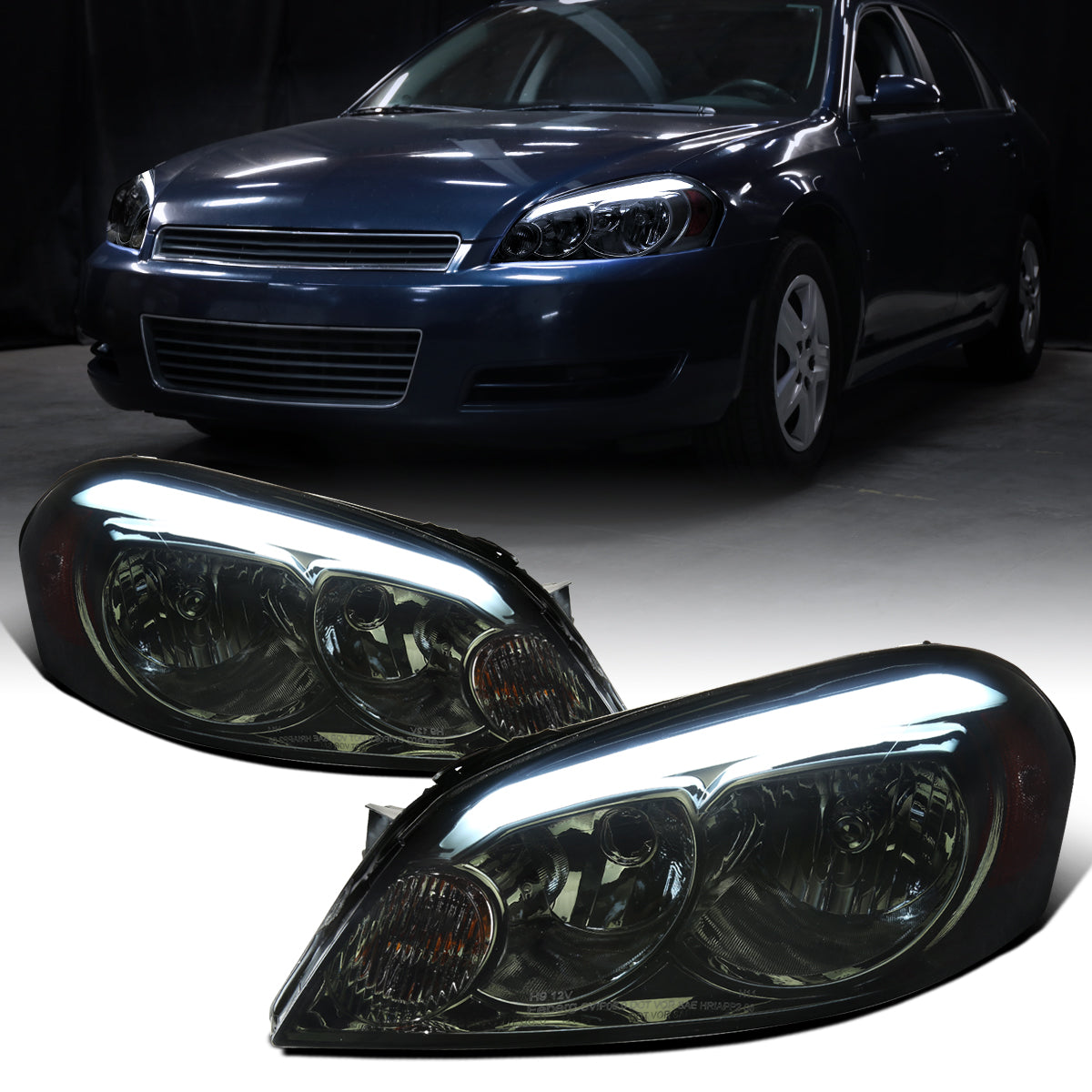 2006-2013 Chevy Impala 2006-2007 Monte Carlo 2014-2016 Impala Limited Upgraded Replacement LED Tube Running Lights Halogen Headlights Assembly Pair | Smoke