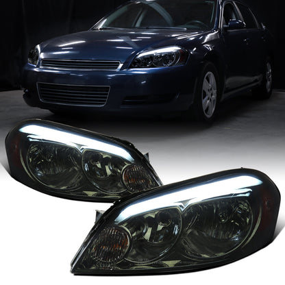 2006-2013 Chevy Impala 2006-2007 Monte Carlo 2014-2016 Impala Limited Upgraded Replacement LED Tube Running Lights Halogen Headlights Assembly Pair | Smoke
