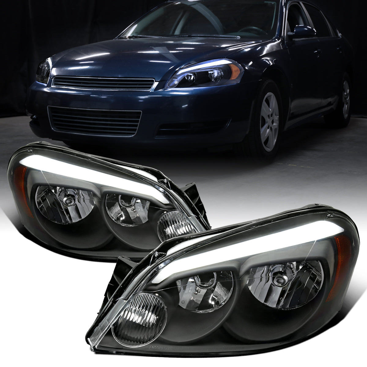Ronnin - Fits 2006-2013 Chevy Impala 2006-2007 Monte Carlo 2014-2016 Impala Limited Upgraded Replacement LED Tube Running Lights Halogen Headlights Assembly Pair | Black
