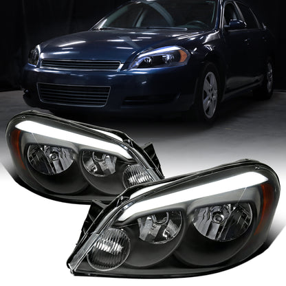 Ronnin - Fits 2006-2013 Chevy Impala 2006-2007 Monte Carlo 2014-2016 Impala Limited Upgraded Replacement LED Tube Running Lights Halogen Headlights Assembly Pair | Black