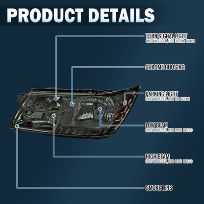 Ronnin - Faros delanteros de repuesto de fábrica para Dodge Journey 2009-2020 | Par | Ahumado