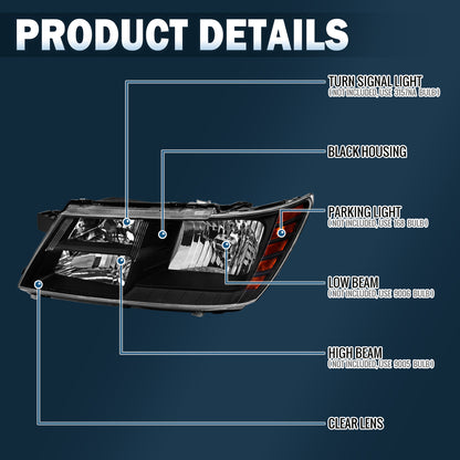 Ronnin - Compatible con Dodge Journey 2009-2020 | Par de ensamblaje de faros delanteros de repuesto | Negro