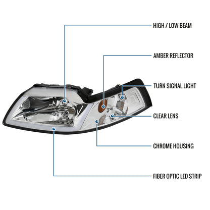 Ronnin - Fits 1999-2004 Ford Mustang Upgraded LED Running Tube Lights Headlights Replacement Assembly | Chrome