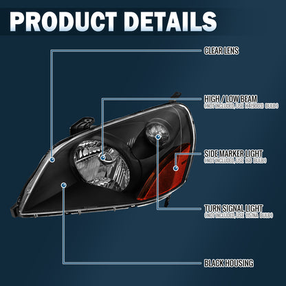 Ronnin - Compatible con Honda Pilot 2003-2005 | Par de conjunto de faros de repuesto | Negro