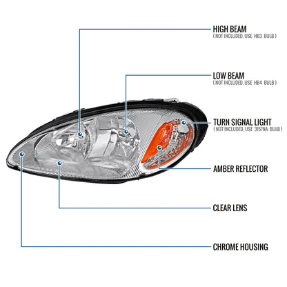 Ronnin - Fits 2001-2005 Chrysler PT Cruiser Headlights Assembly Factory Style Direct Replacement Pair | Chrome