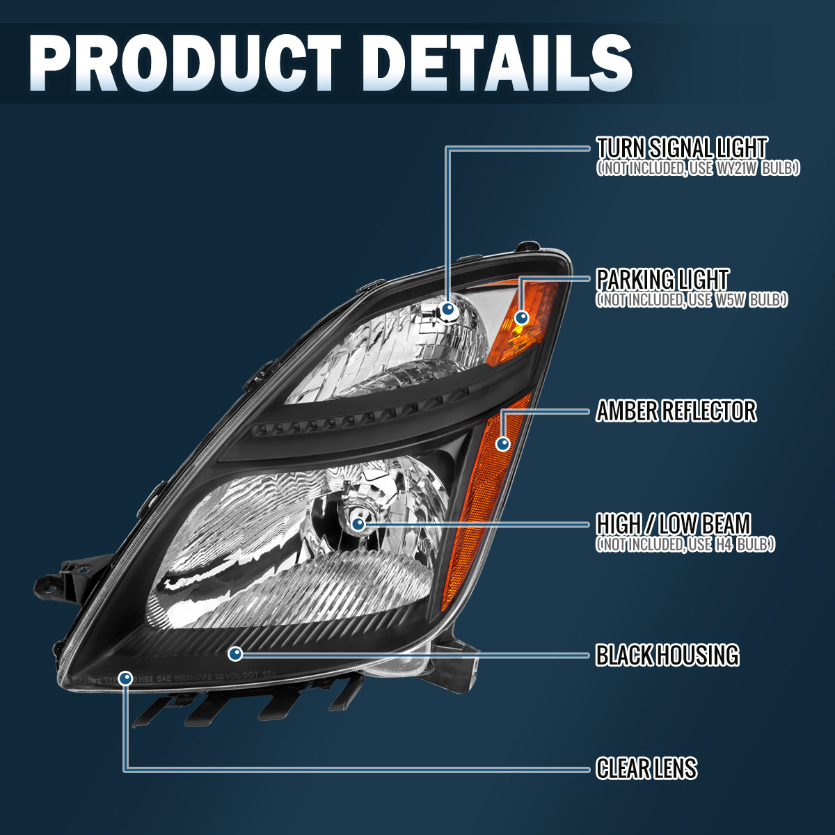 Ronnin - Conjunto de faros halógenos de repuesto para Toyota Prius 2006-2009 | Negro