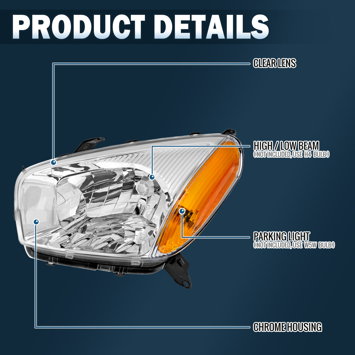 Ronnin - Fits 2001-2003 Toyota RAV4 Factory Replacement Halogen Headlights Assembly Pair | Chrome