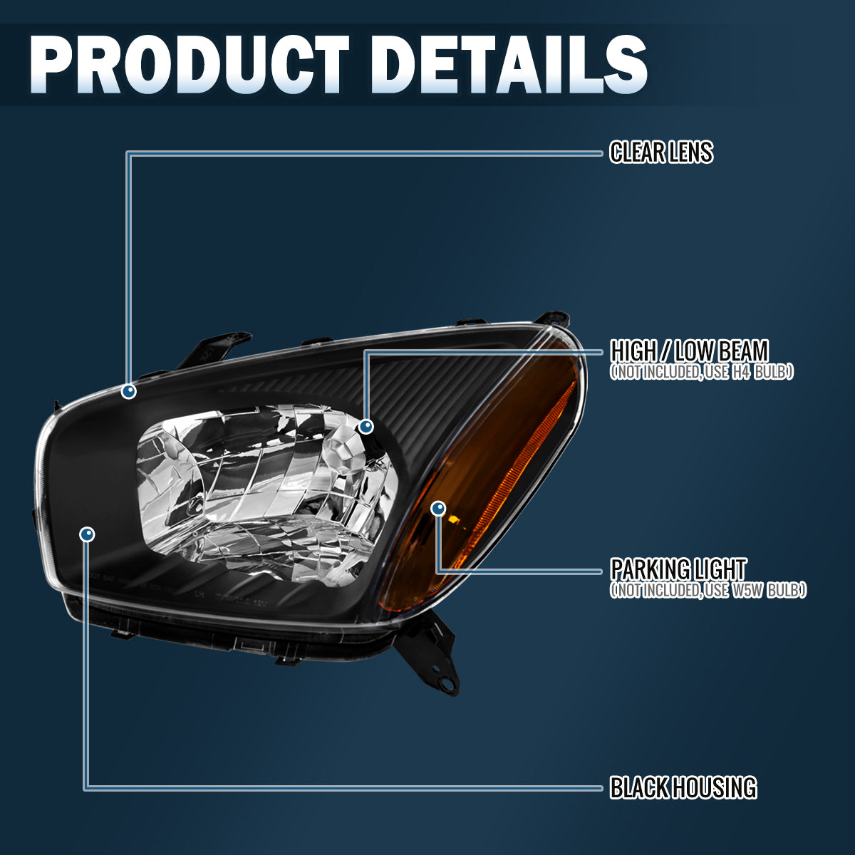 Ronnin - Fits 2001-2003 Toyota RAV4 Factory Replacement Halogen Headlights Assembly Pair | Black