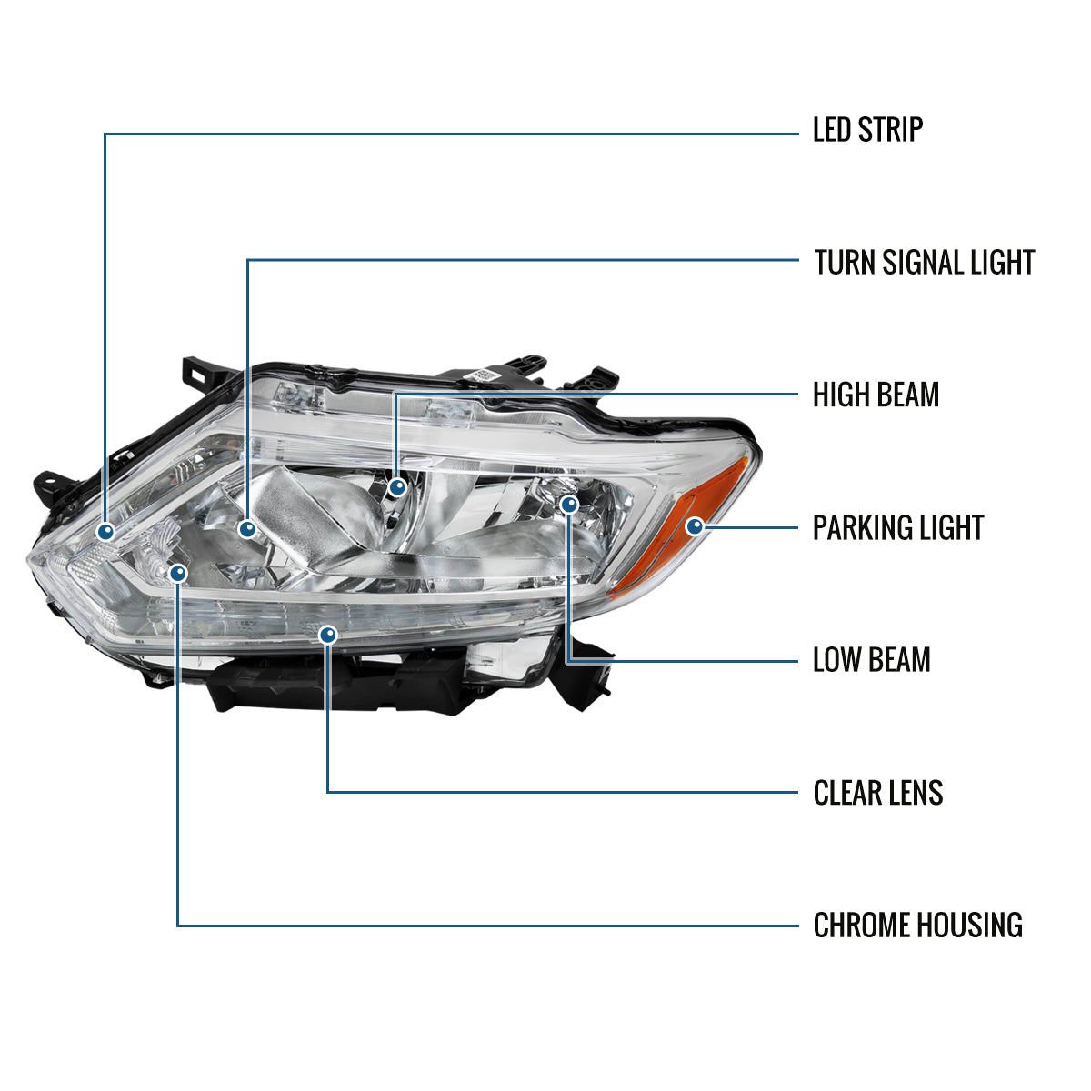 Ronnin - Fits 2014-2016 Nissan Rogue Factory Replacement Halogen Headlights Assembly Pair | Chrome