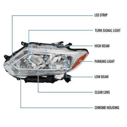 Ronnin - Fits 2014-2016 Nissan Rogue Factory Replacement Halogen Headlights Assembly Pair | Chrome