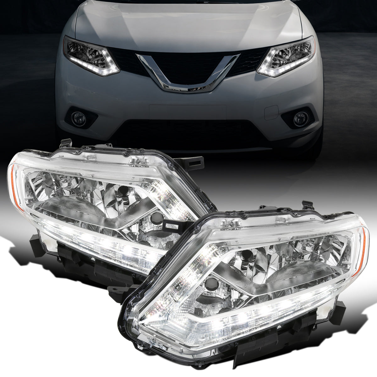 Ronnin - Fits 2014-2016 Nissan Rogue Factory Replacement Halogen Headlights Assembly Pair | Chrome