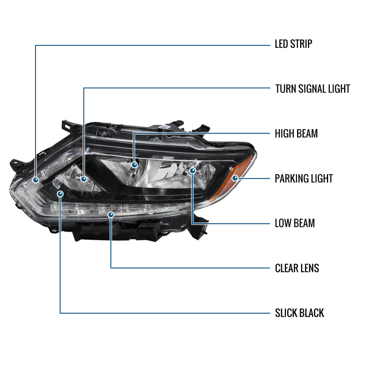 Ronnin - Compatible con Nissan Rogue 2014-2016 Montaje de faros delanteros halógenos de repuesto lado del conductor | Negro