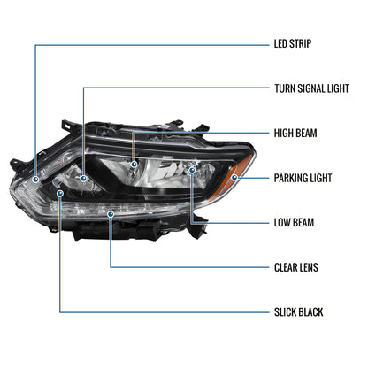 Ronnin - Compatible con Nissan Rogue 2014-2016 Montaje de faros delanteros halógenos de repuesto lado del conductor | Negro