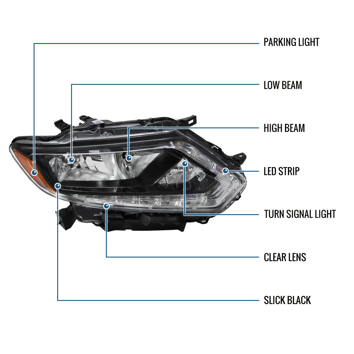 Ronnin - Compatible con Nissan Rogue 2014-2016 Montaje de faros halógenos de repuesto lado del pasajero | Negro
