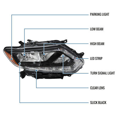 Ronnin - Compatible con Nissan Rogue 2014-2016 Montaje de faros halógenos de repuesto lado del pasajero | Negro