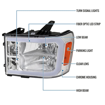 Ronnin - Fits 2007-2013 GMC Sierra 1500 2500HD 3500HD Upgraded LED Running Tube Lights Headlights Replacement Assembly Pair | Chrome