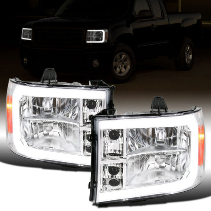 Ronnin - Fits 2007-2013 GMC Sierra 1500 2500HD 3500HD Upgraded LED Running Tube Lights Headlights Replacement Assembly Pair | Chrome