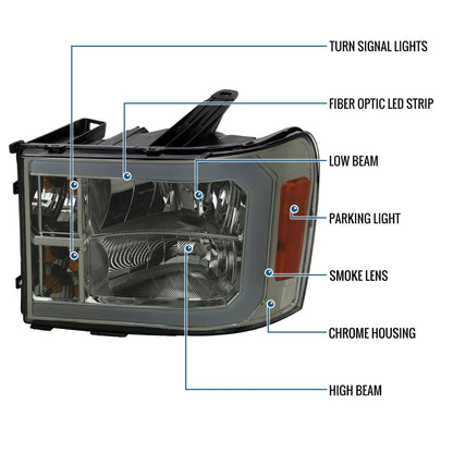 Ronnin - Fits 2007-2013 GMC Sierra 1500 2500HD 3500HD Upgraded LED Running Tube Lights Headlights Replacement Assembly Pair | Smoke