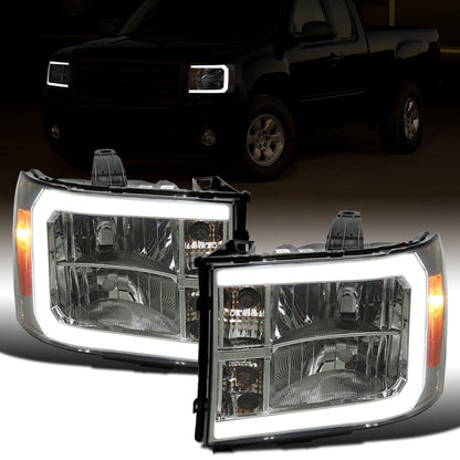 Ronnin - Fits 2007-2013 GMC Sierra 1500 2500HD 3500HD Upgraded LED Running Tube Lights Headlights Replacement Assembly Pair | Smoke