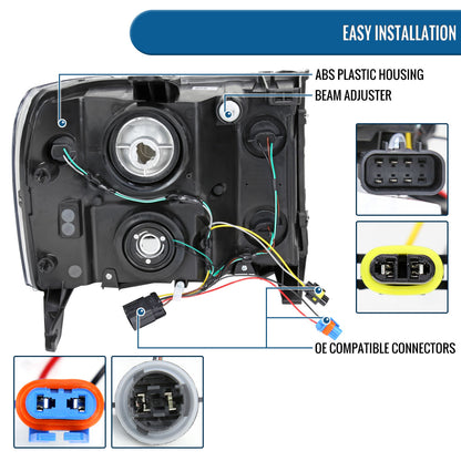 Ronnin - Fits 2007-2013 GMC Sierra 1500 2500HD 3500HD Upgraded LED Running Tube Lights Headlights Replacement Assembly Pair | Black
