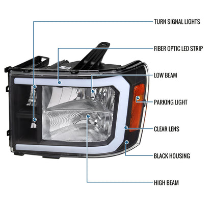 Ronnin - Fits 2007-2013 GMC Sierra 1500 2500HD 3500HD Upgraded LED Running Tube Lights Headlights Replacement Assembly Pair | Black