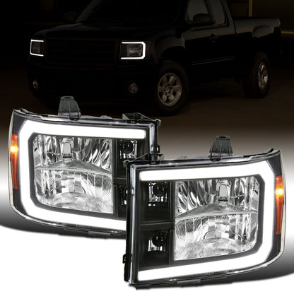 Ronnin - Fits 2007-2013 GMC Sierra 1500 2500HD 3500HD Upgraded LED Running Tube Lights Headlights Replacement Assembly Pair | Black