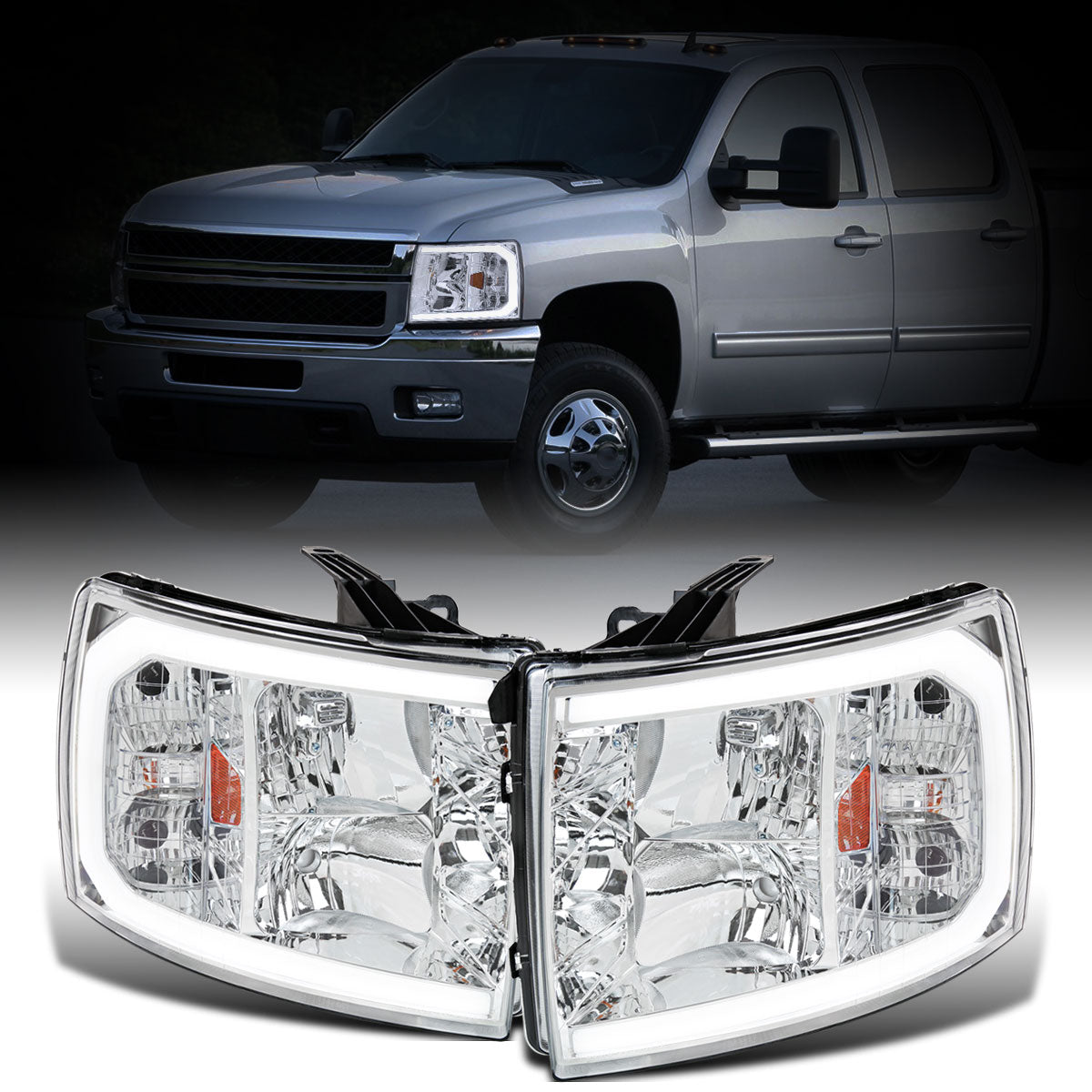 Ronnin - Fits 2007-2014 Chevy Silverado 1500 2500HD 3500HD LED Tube Headlights Assembly | Chrome