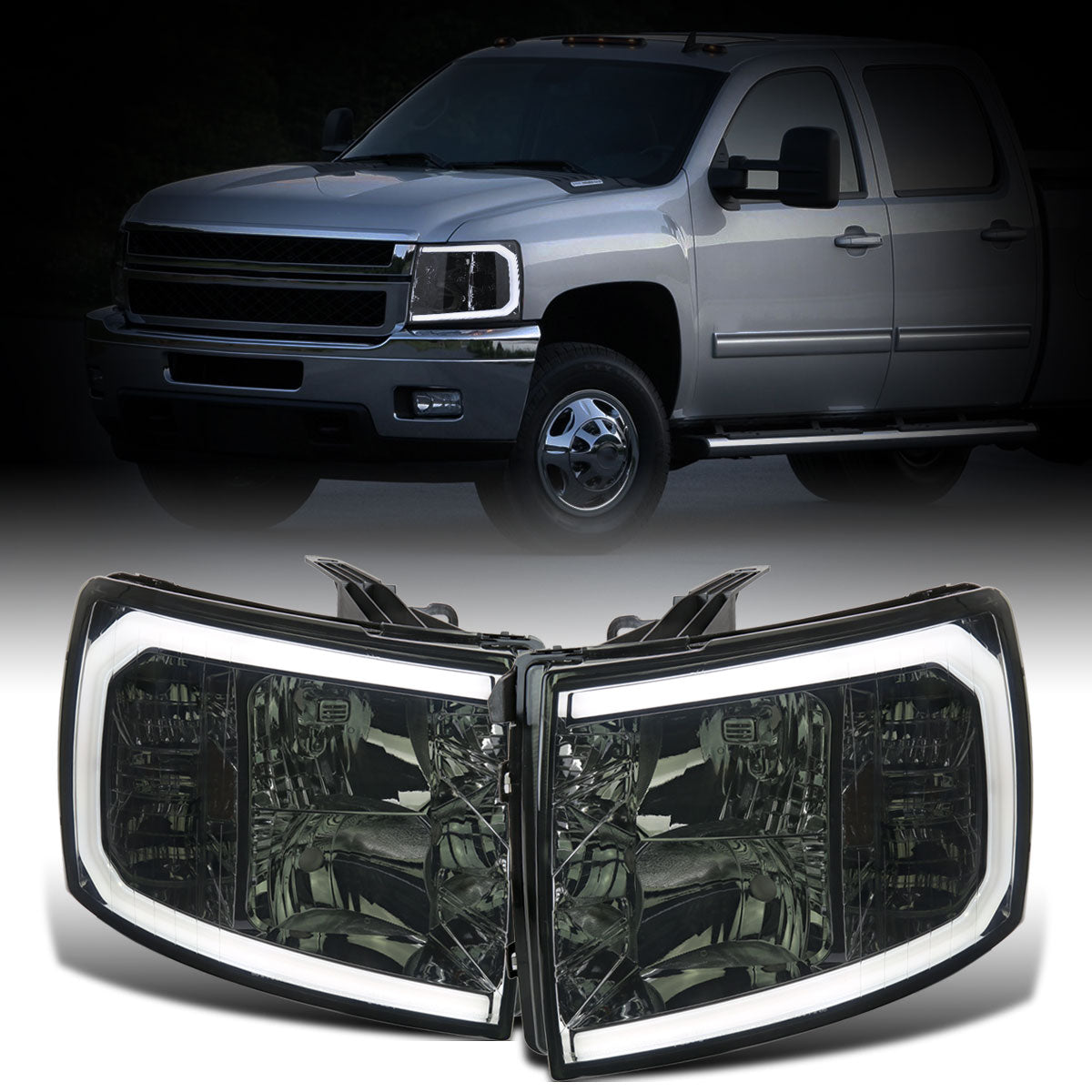 Ronnin - Fits 2007-2014 Chevy Silverado 1500 2500HD 3500HD LED Tube Headlights Assembly | Smoke