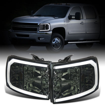 Ronnin - Fits 2007-2014 Chevy Silverado 1500 2500HD 3500HD LED Tube Headlights Assembly | Smoke
