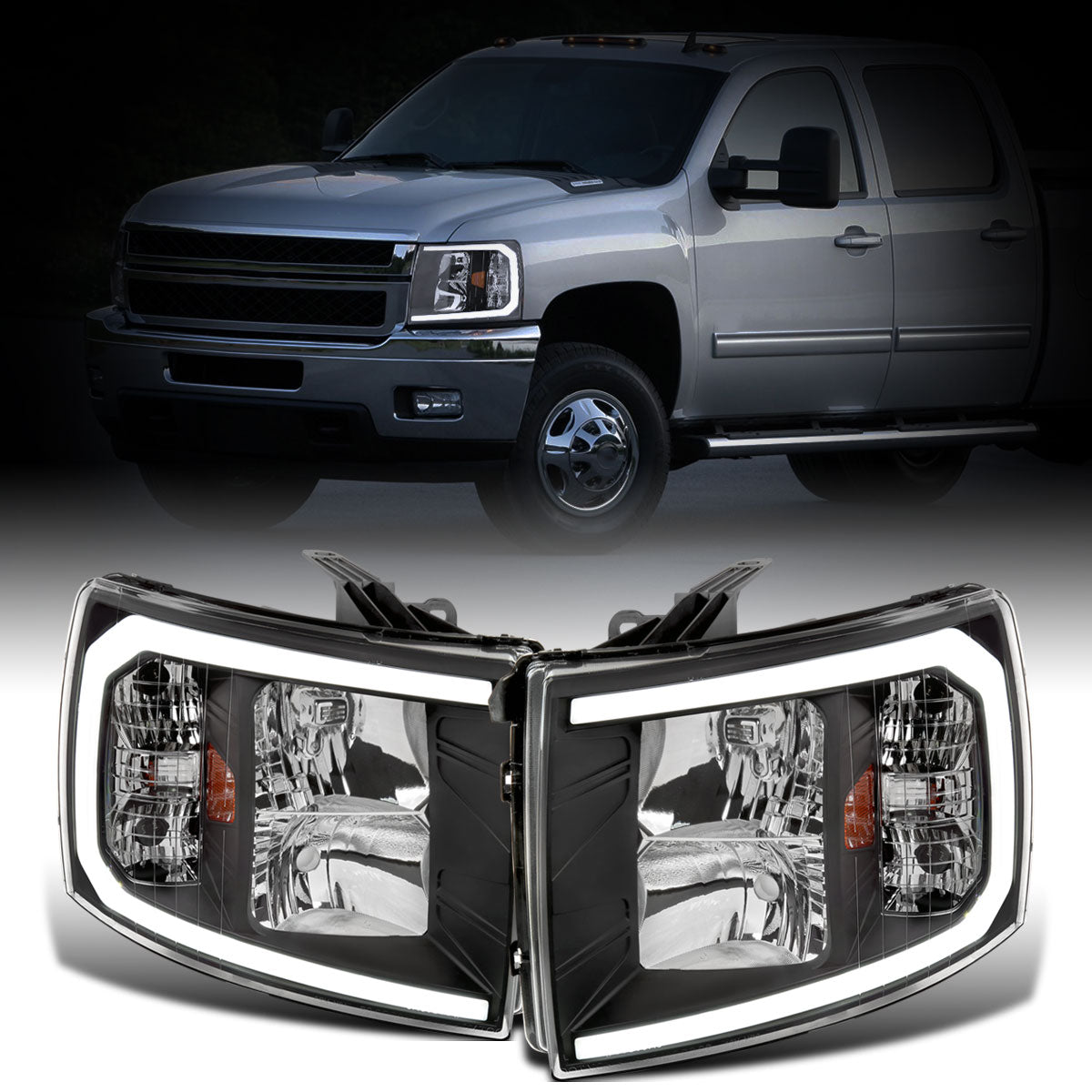 Ronnin - Fits 2007-2014 Chevy Silverado 1500 2500HD 3500HD LED Tube Headlights Assembly | Black