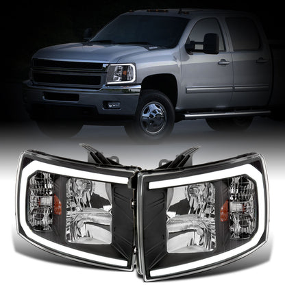 Ronnin - Fits 2007-2014 Chevy Silverado 1500 2500HD 3500HD LED Tube Headlights Assembly | Black