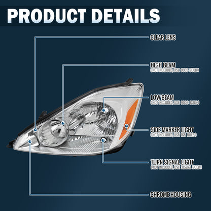 Ronnin - Fits 2004-2005 Toyota Sienna Factory Replacement Halogen Headlights Assembly Pair | Chrome