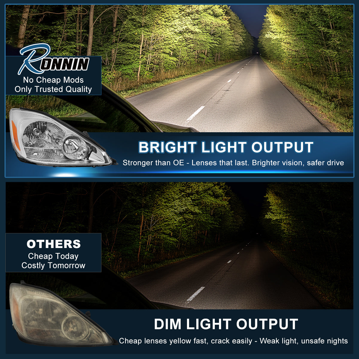 Ronnin - Fits 2004-2005 Toyota Sienna Factory Replacement Halogen Headlights Assembly Pair | Chrome