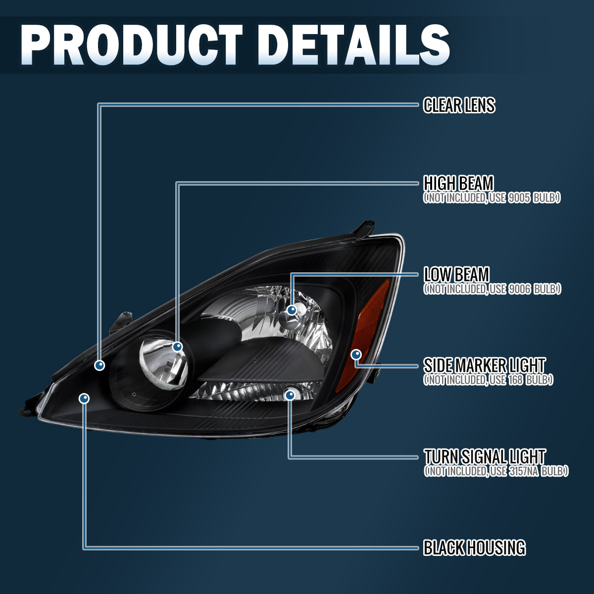 Ronnin - Compatible con Toyota Sienna 2004-2005 | Conjunto de faros delanteros halógenos de repuesto | Par | Negro